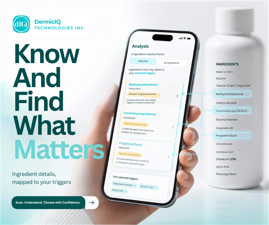 A hand holding a smartphone to scan a cosmetics bottle label, with the DermicIQ app interface highlighting specific chemical derivatives and sensitive skin triggers on screen.