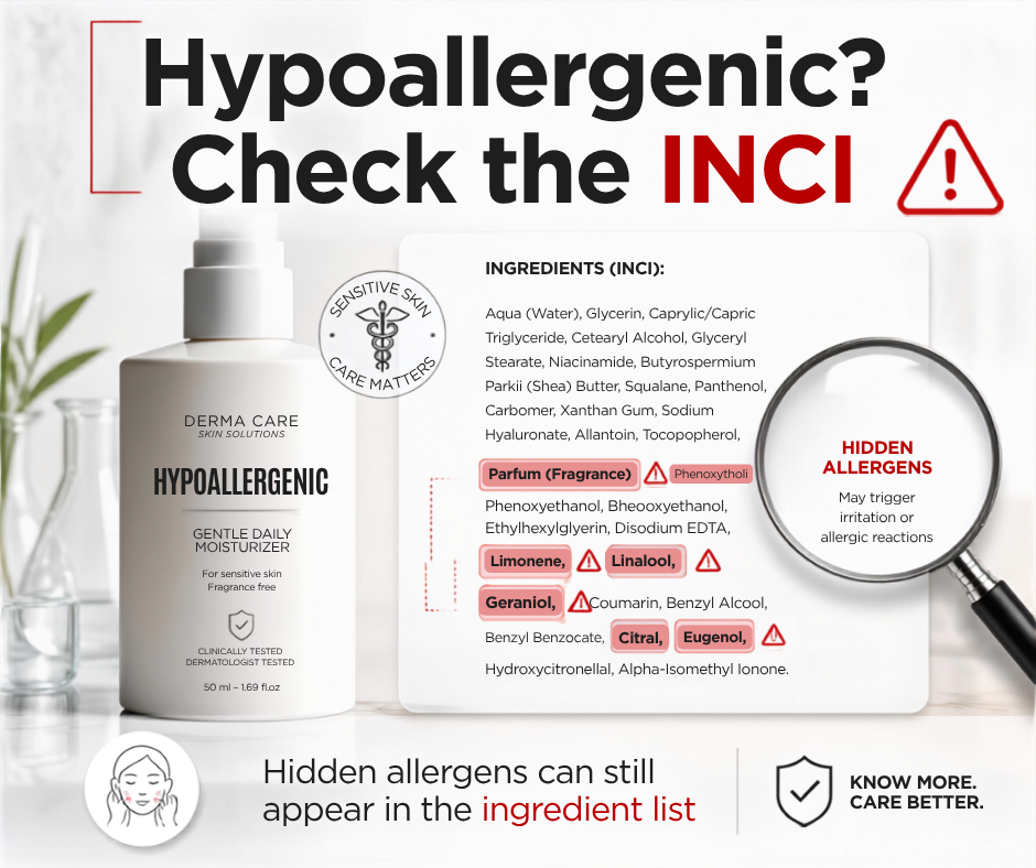 Infographic showing a moisturizer labeled "Hypoallergenic" alongside an INCI ingredient list highlighting hidden fragrance allergens like Limonene and Linalool.