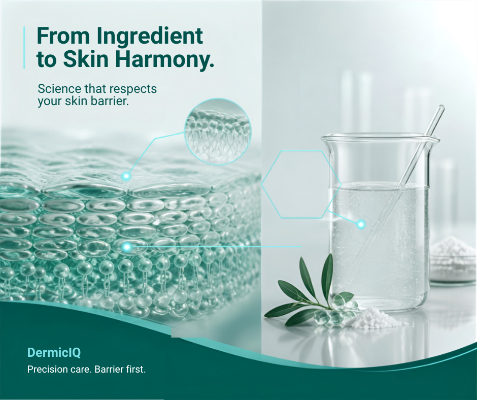 An editorial flat lay showing a minimalist skincare bottle alongside a visual breakdown of raw chemical ingredients and skin barrier layers.