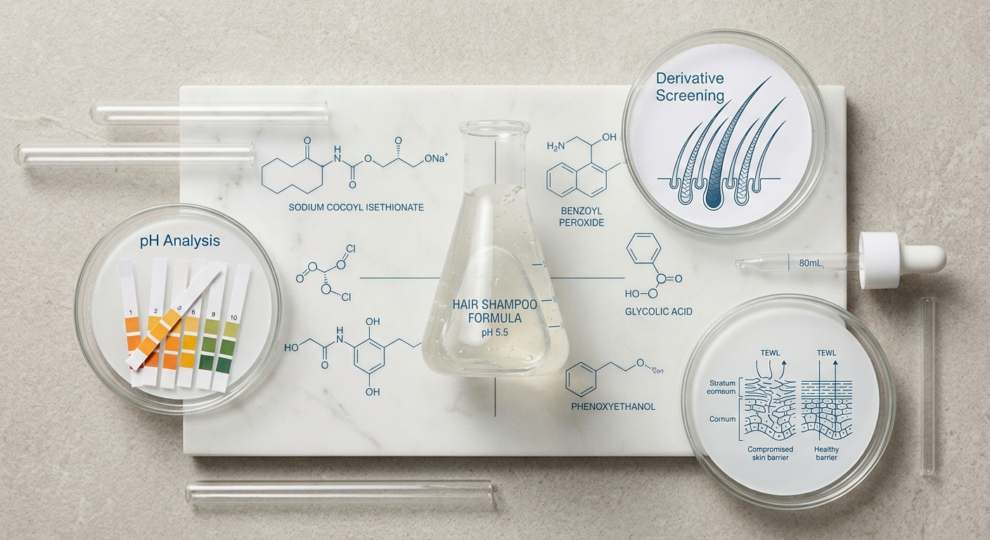 Laboratory analysis showing shampoo ingredients, pH test strips, and chemical structures related to scalp psoriasis triggers.