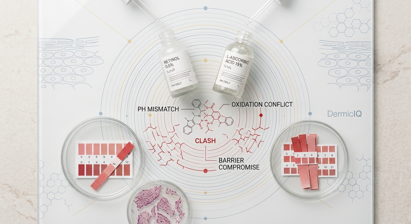 Minimalist laboratory flat lay showing a chemical clash analysis between Retinol and Vitamin C.
